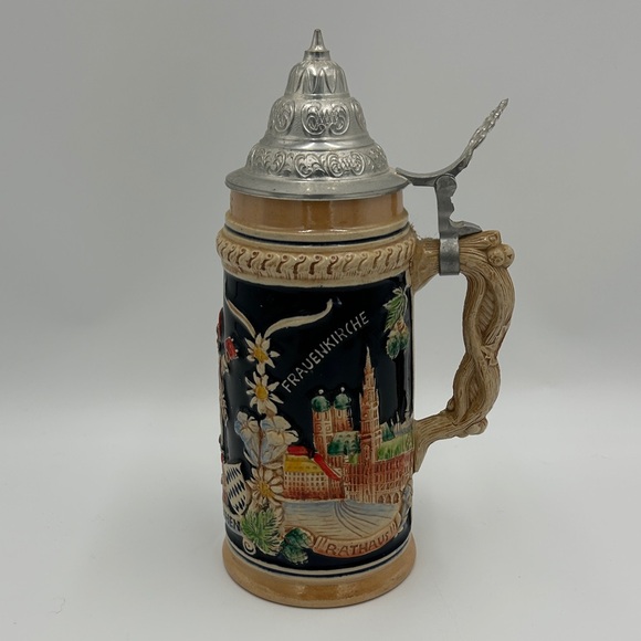 Vintage Western Germany Ceramic Beer Stein Lidded Ornate Tan Navy Blue Original - Picture 5 of 14
